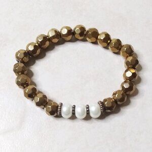 Bronze + Pearls Stretch Bracelet! Contrasts! Upscale Coastal Cowgirl Boho